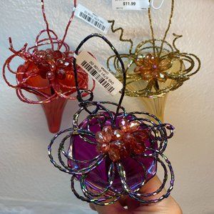 Christmas Ornaments Glass Lily W Beaded Color Purple Red Gold Set of 3 NWT